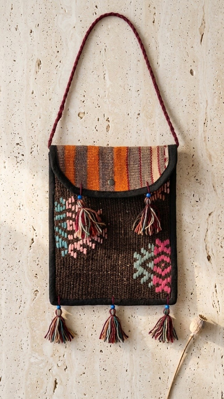 Kilim Desenli Püsküllü Dokuma Omuz Çantası